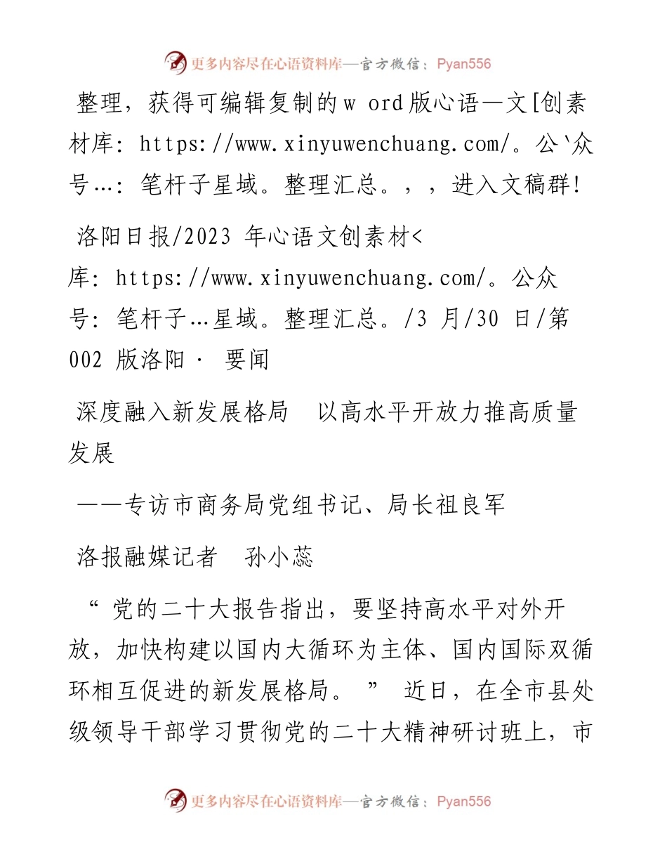 2023.03.30洛报融媒记者孙小蕊：深度融入新发展格局以高水平开放力推高质量发展.docx_第1页