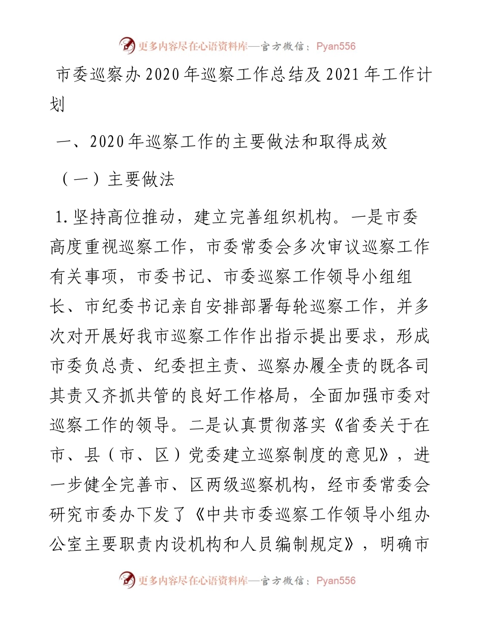 13731【市委巡察办巡察工作总结及工作计划） .docx_第1页