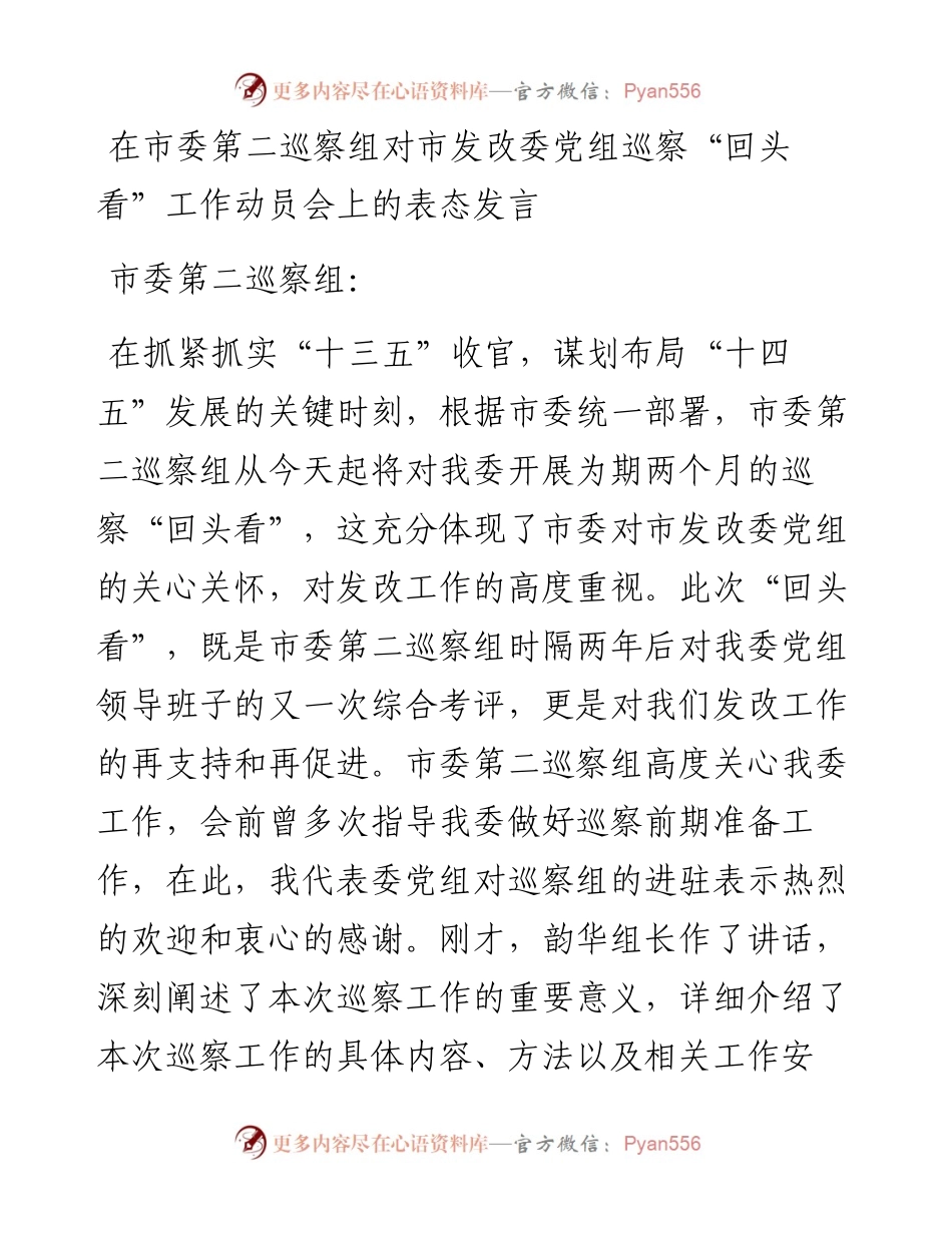 1122在市委第二巡察组对市发改委党组巡察“回头看”工作动员会上的表态发言.docx_第1页