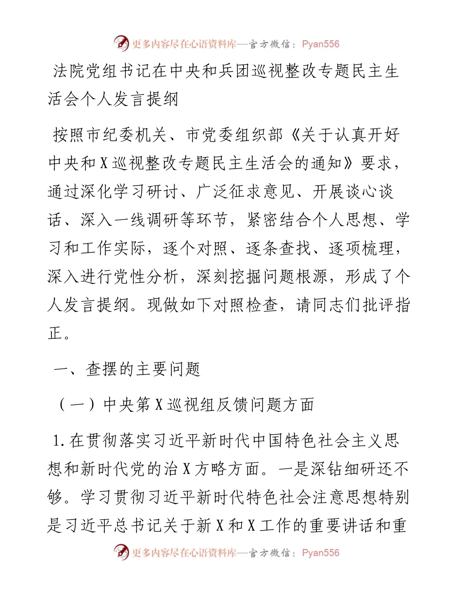 13414【法院党组书记在中央和兵团巡视整改专题民主生活会个人发言提纲.docx_第1页