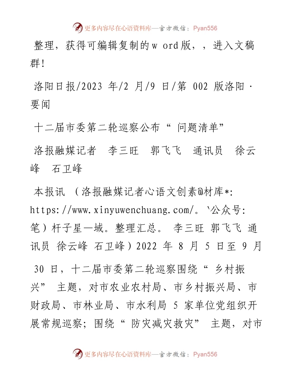 2023.02.09洛报融媒记者李三旺郭飞飞通讯员徐云峰石卫峰：十二届市委第二轮巡察公布问题清单.docx_第1页
