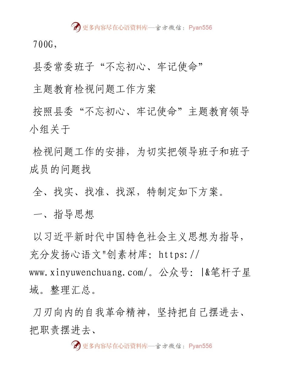 1029笔友分享县委常委班子不忘初心牢记使命主题教育检视问题工作方案.docx_第1页