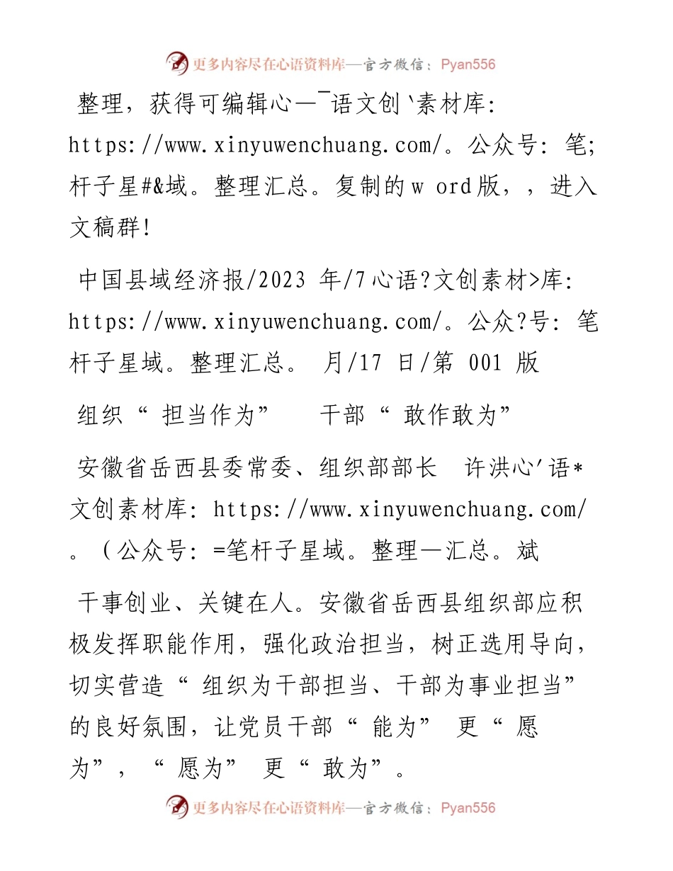 2023.07.17安徽省岳西县委常委、组织部部长许洪斌：组织担当作为干部敢作敢为.docx_第1页