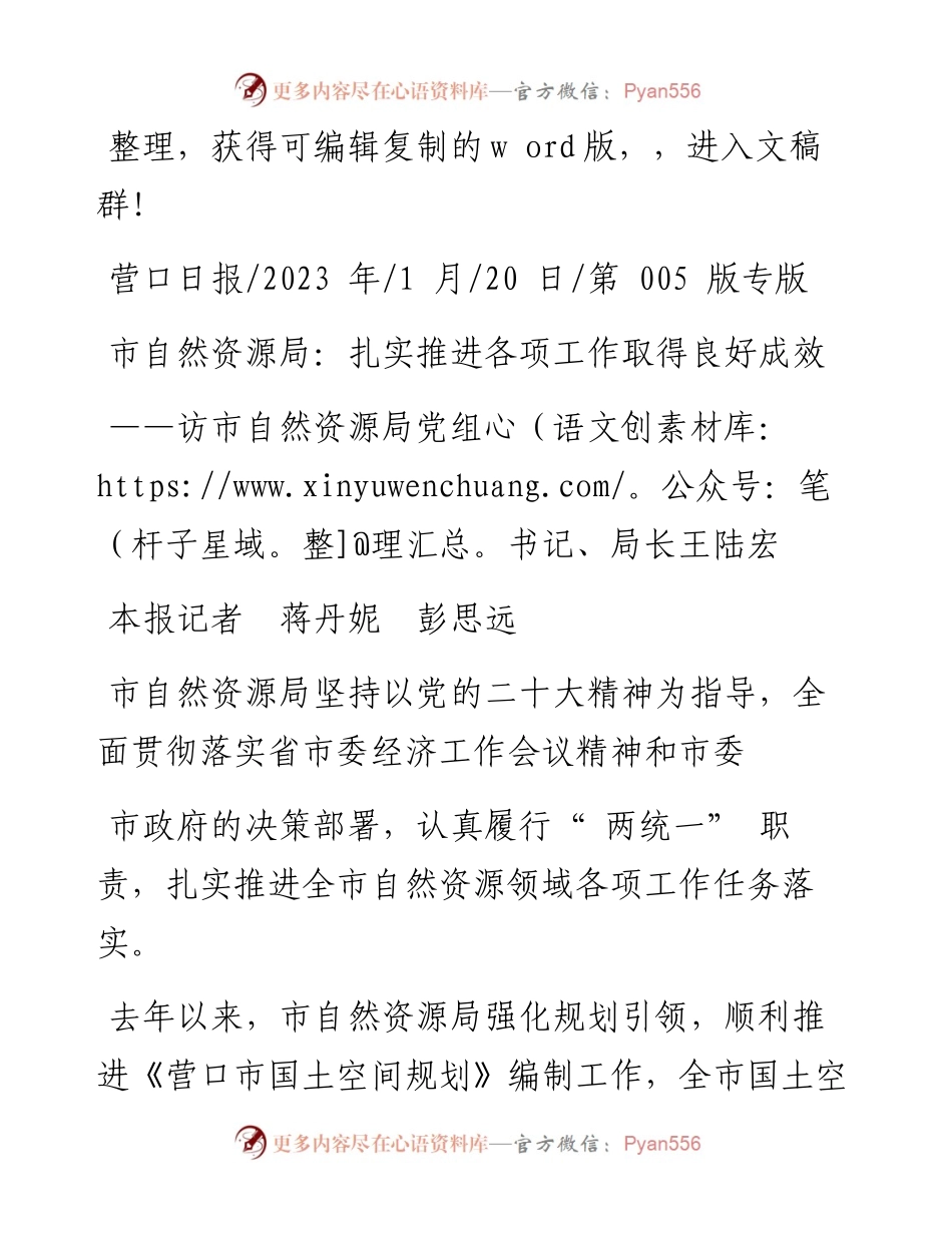 2023.01.20本报记者蒋丹妮彭思远：市自然资源局：扎实推进各项工作取得良好成效.docx_第1页