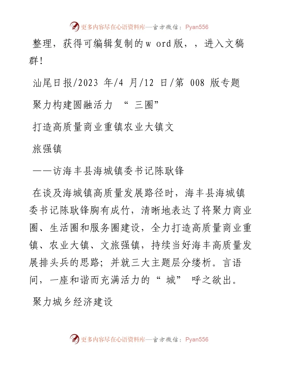 2023.04.12：聚力构建圆融活力三圈打造高质量商业重镇农业大镇文旅强镇.docx_第1页