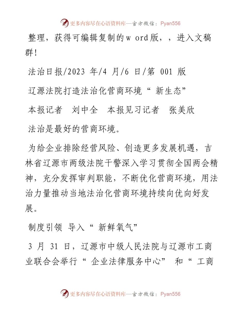 2023.04.06本报记者刘中全本报见习记者张美欣：辽源法院打造法治化营商环境新生态.docx_第1页
