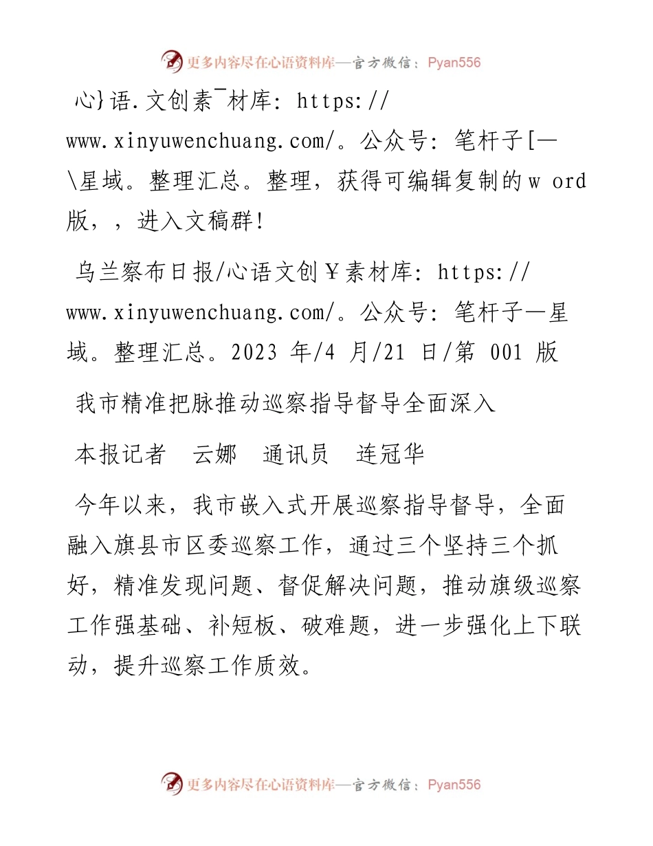 2023.04.21本报记者云娜通讯员连冠华：我市精准把脉推动巡察指导督导全面深入.docx_第1页