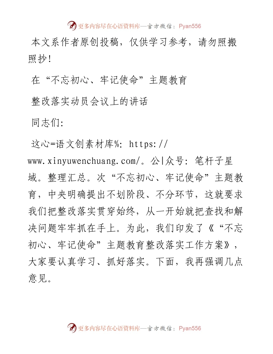 110403在不忘初心牢记使命主题教育整改落实动员会议上的讲话.docx_第1页
