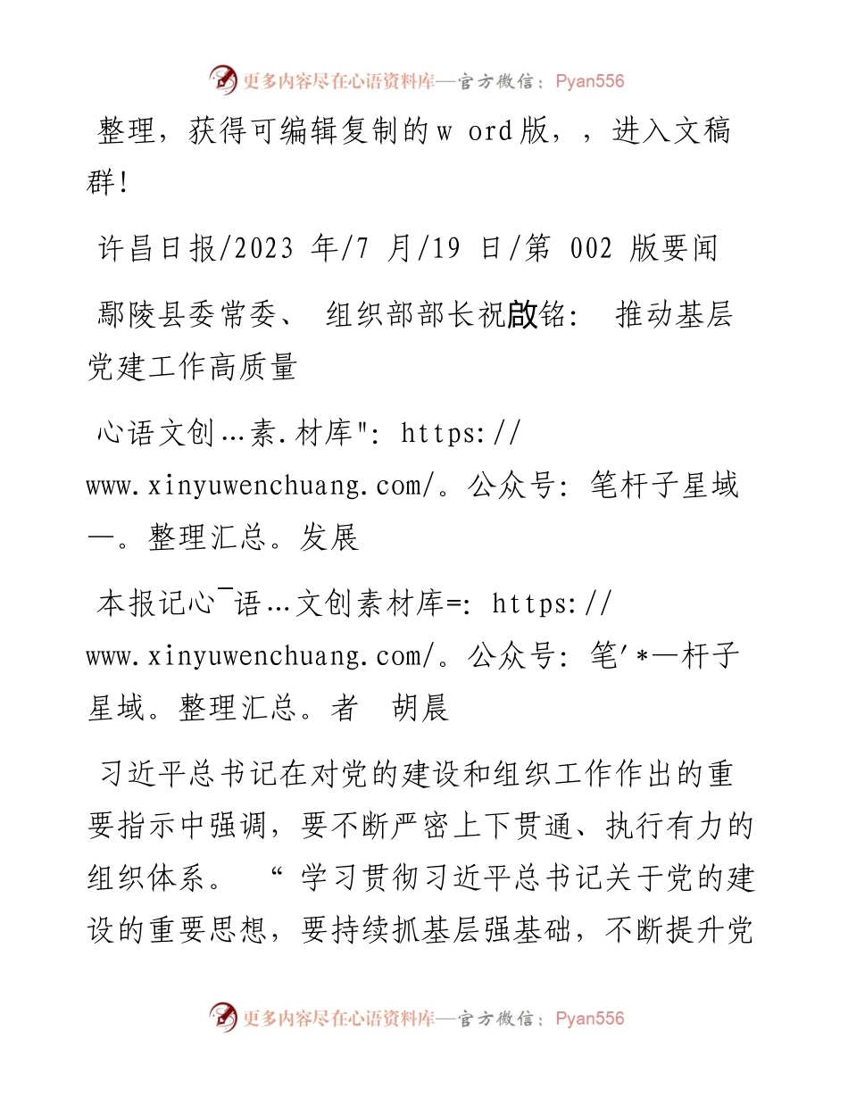 2023.07.19本报记者胡晨：鄢陵县委常委、组织部部长祝啟铭：推动基层党建工作高质量发展.docx_第1页