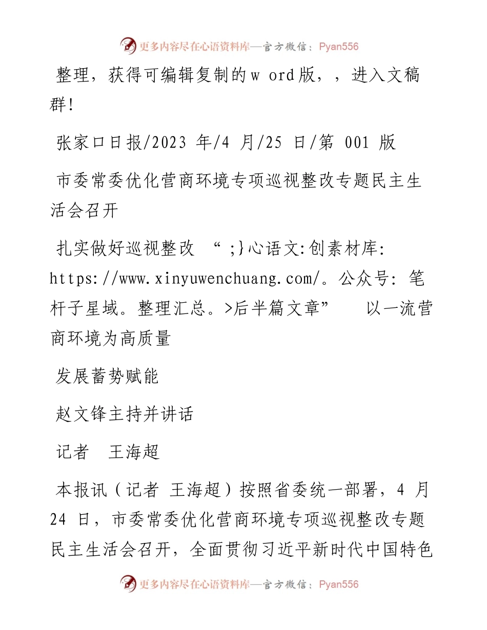 2023.04.25记者王海超：扎实做好巡视整改后半篇文章以一流营商环境为高质量发展蓄势赋能.docx_第1页