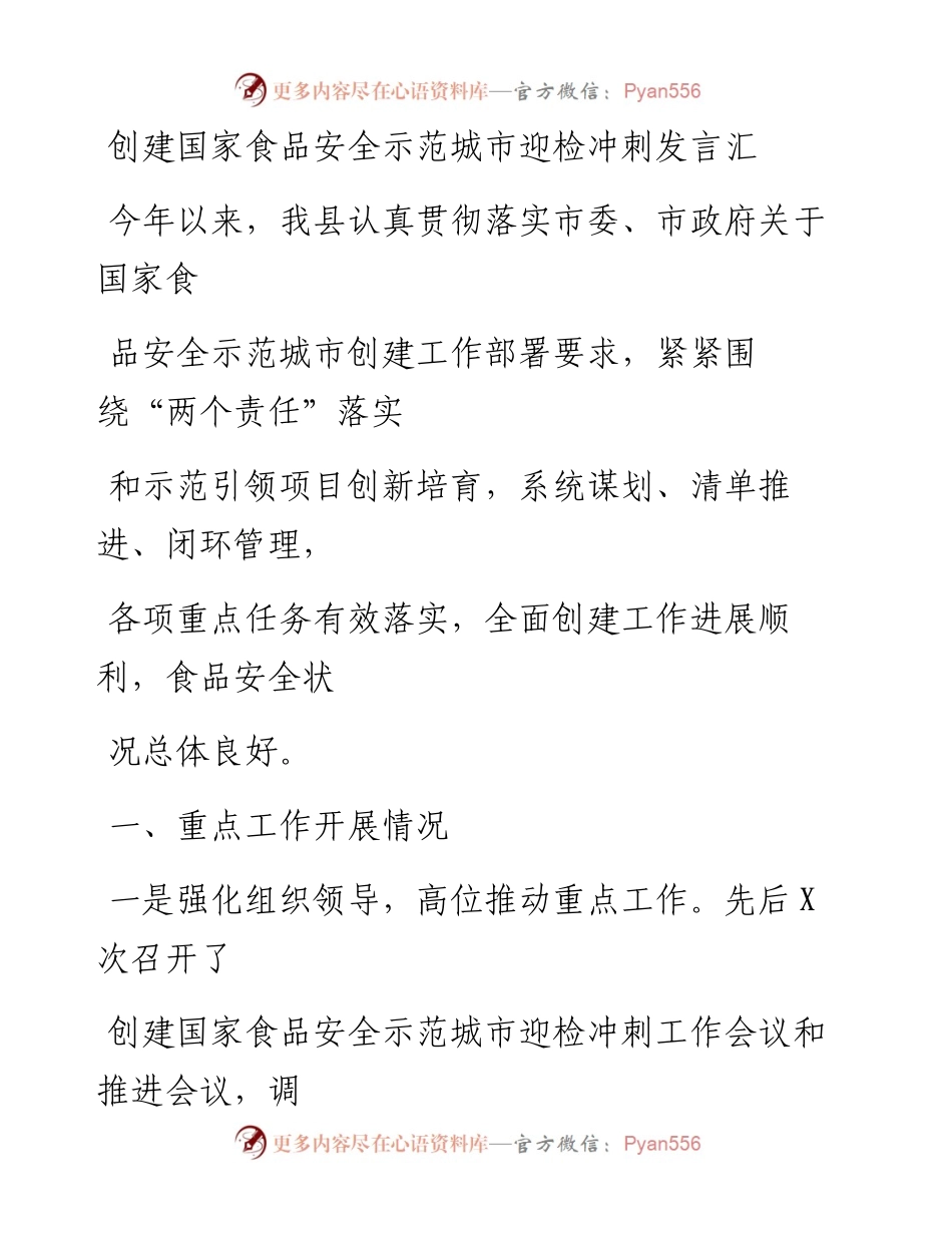 20230415：创建国家食品安全示范城市迎检冲刺发言汇报.docx_第1页