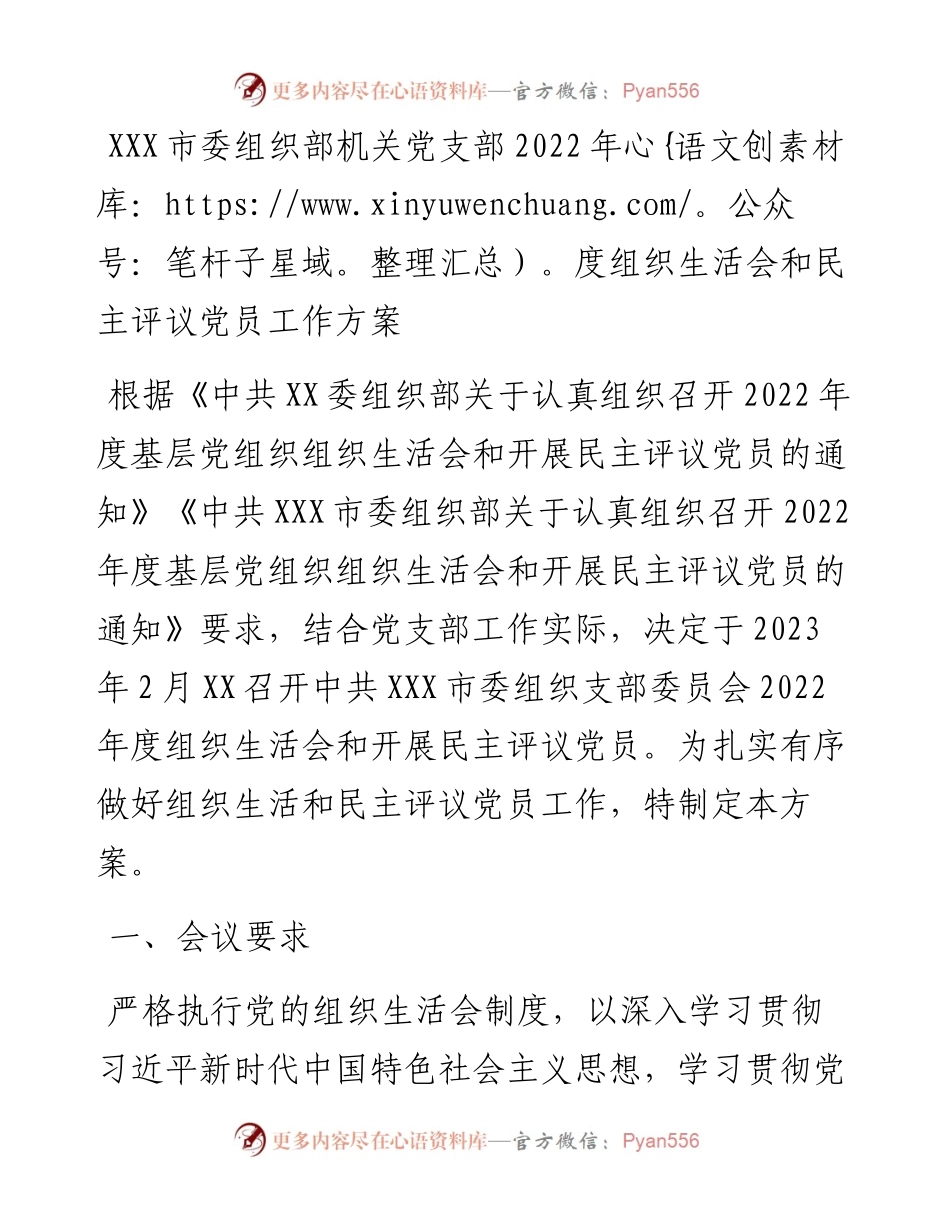 20230301：XXX市委机关党支部度组织生活会和民主评议党员工作方案.docx_第1页