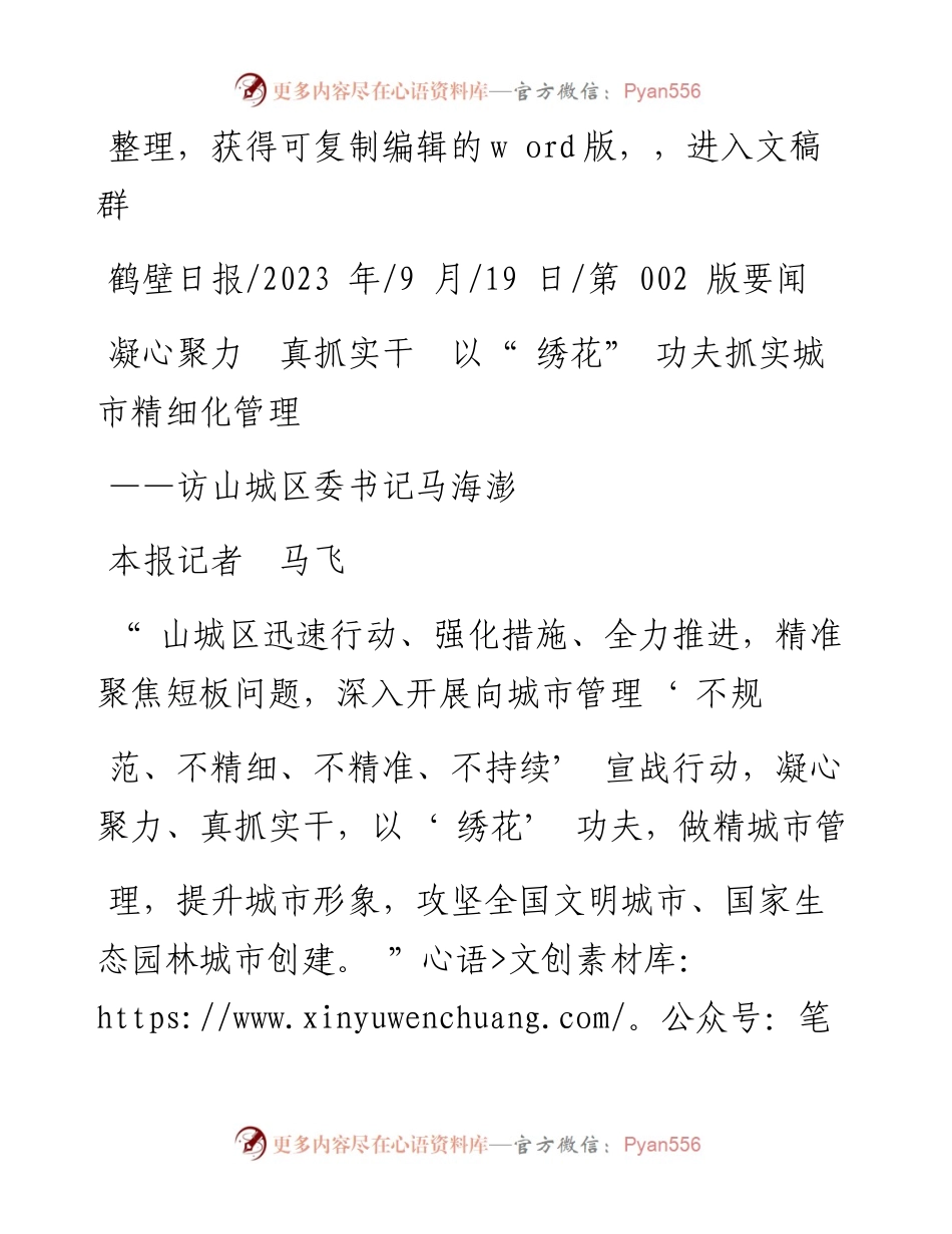 2023.09.19本报记者马飞：凝心聚力真抓实干以绣花功夫抓实城市精细化管理.docx_第1页