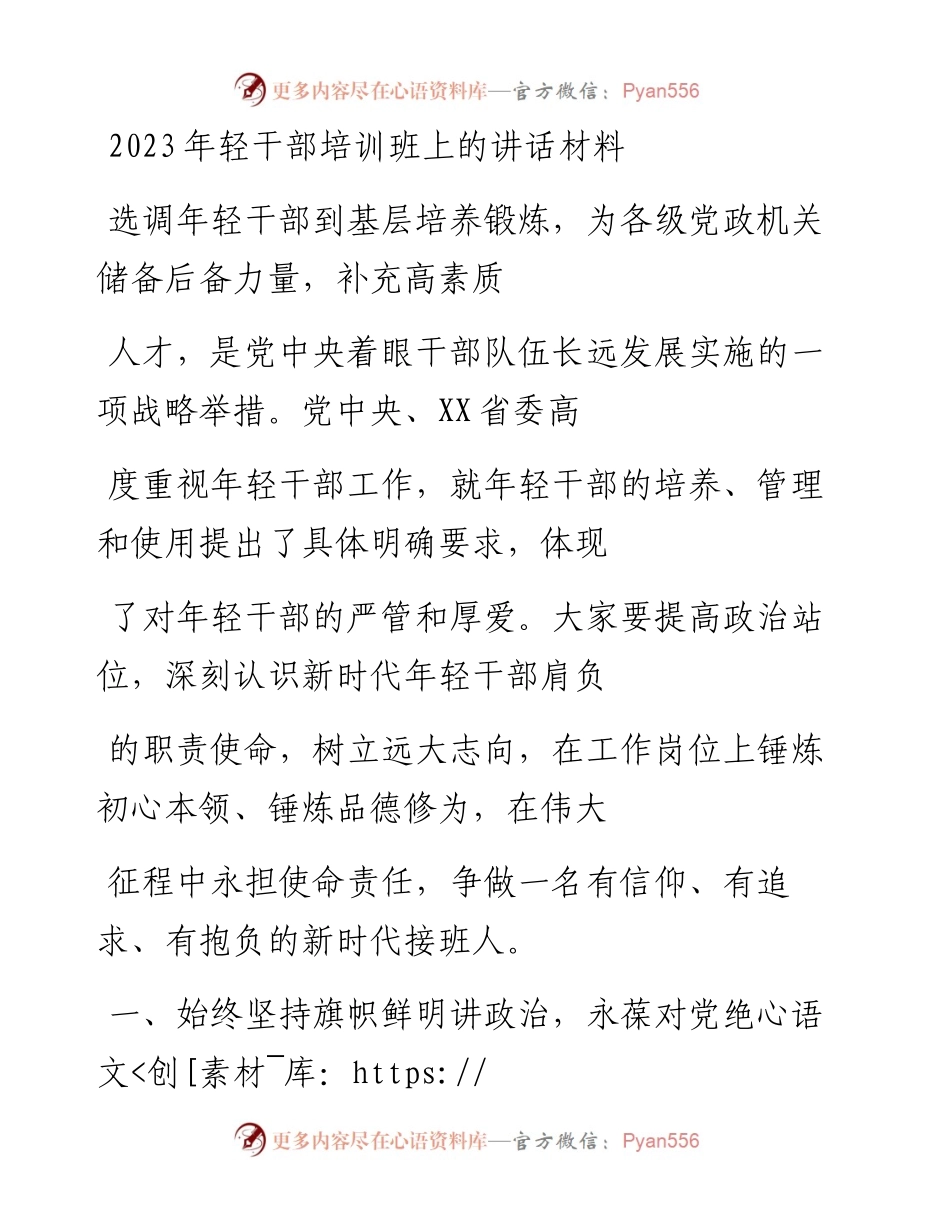 20230413：2023年轻干部培训班上的讲话材料.docx_第1页