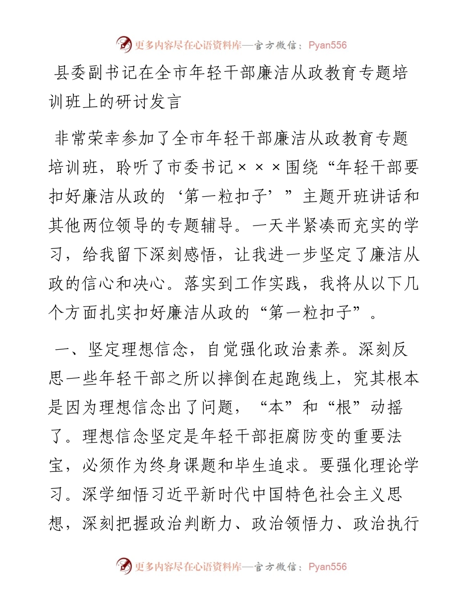 20230416：县委副书记在全市年轻干部廉洁从政教育专题培训班上的研讨发言.docx_第1页