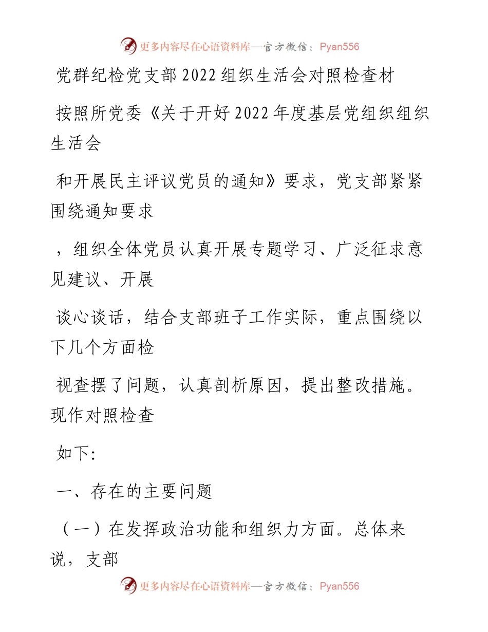20230328：党群纪检党支部的组织生活会对照检查材料.docx_第1页