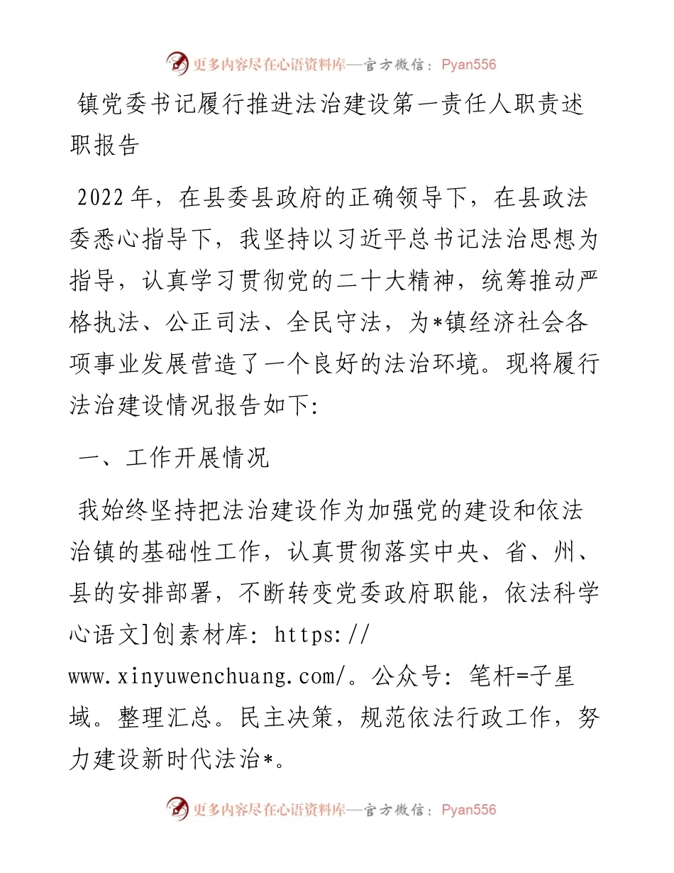 20230313：镇党委书记履行推进法治建设第一责任人职责述职报告.docx_第1页