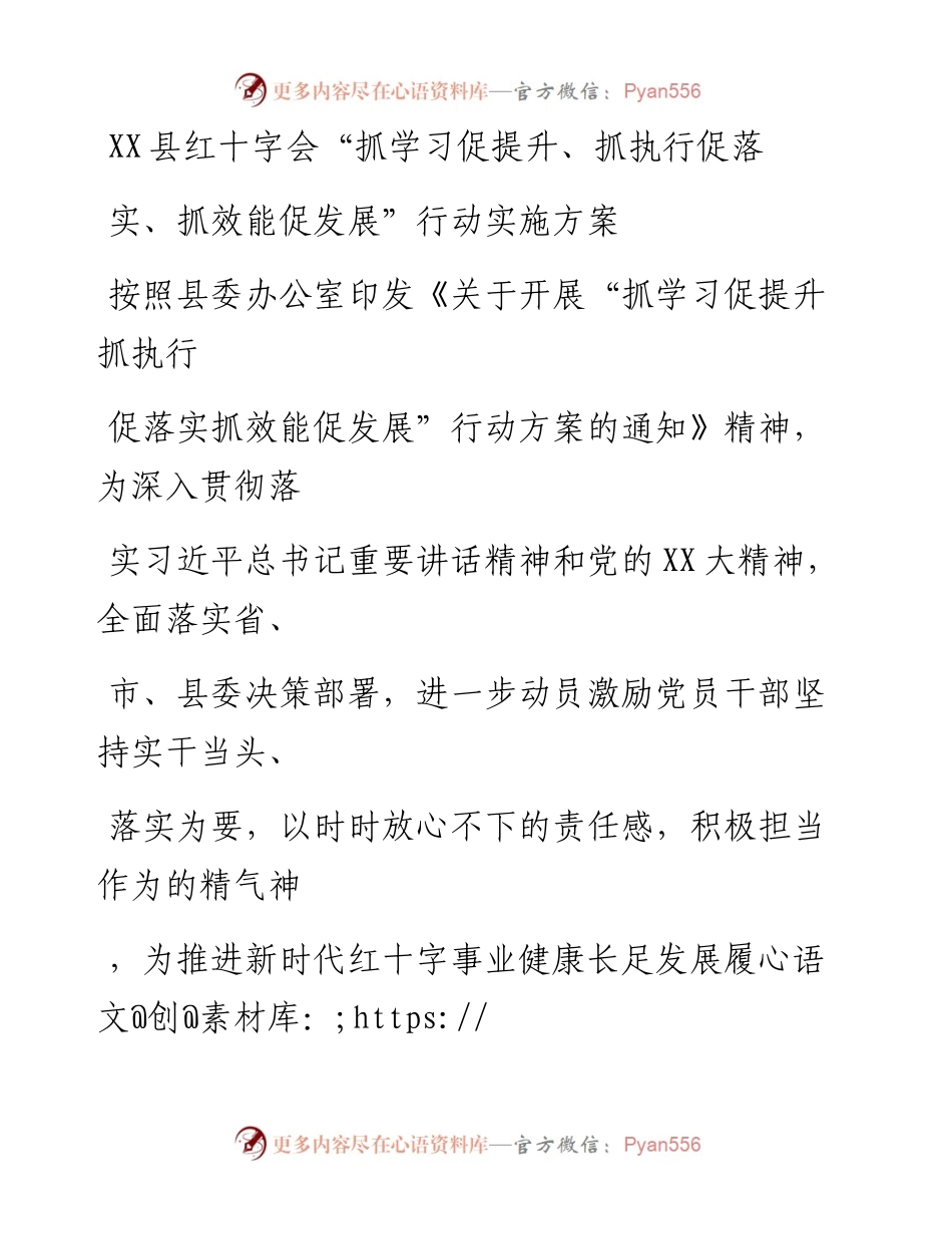 20230405：XX县红十字会抓学习 促提升、抓执行 促落实、抓效能 促发展行动实施方案.docx_第1页