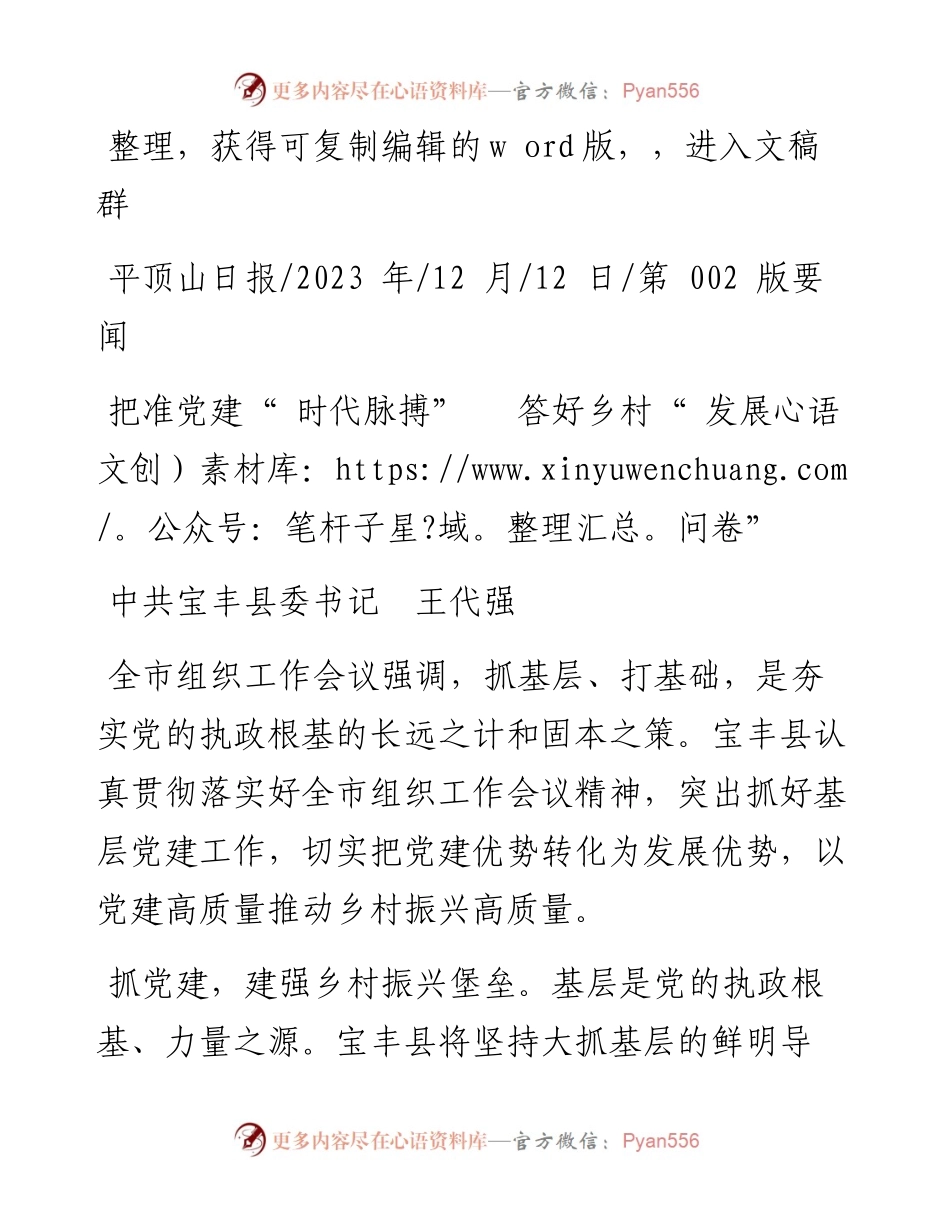 2023.12.12中共宝丰县委书记王代强：把准党建时代脉搏答好乡村发展问卷.docx_第1页