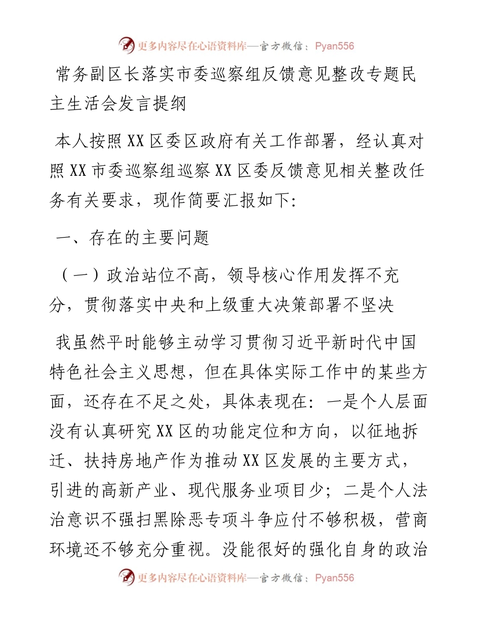 20230303：常务副区长落实市委巡察组反馈意见整改专题民主生活会发言提纲.docx_第1页