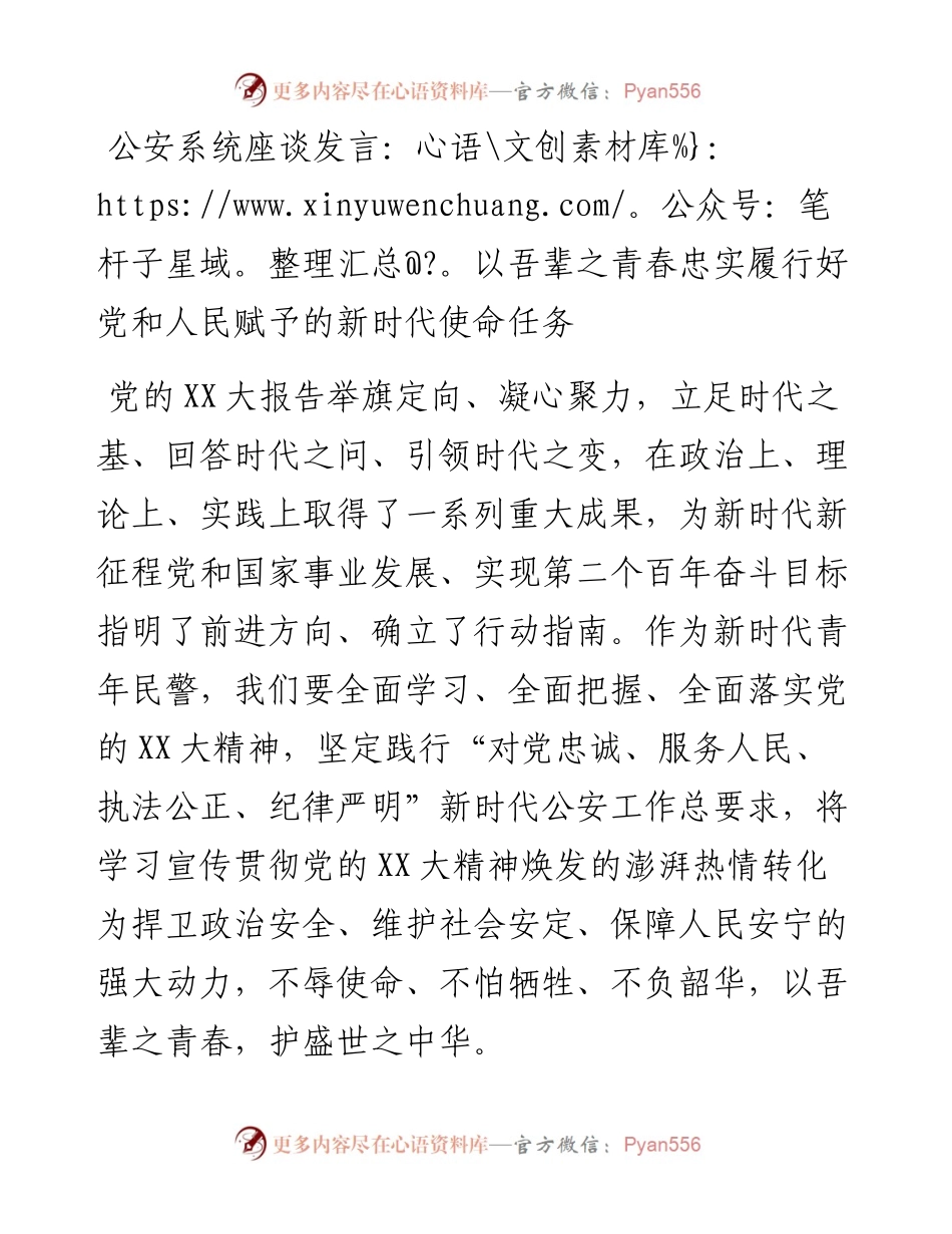 20230409：公安系统座谈发言：以吾辈之青春忠实履行好党和人民赋予的新时代使命任务.docx_第1页