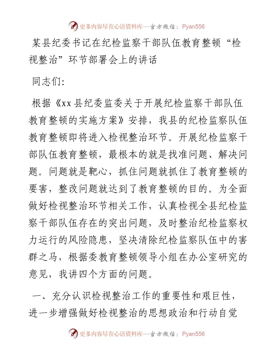 20230419：某县纪委书记在纪检监察干部队伍教育整顿检视整治环节部署会上的讲话(1).docx_第1页