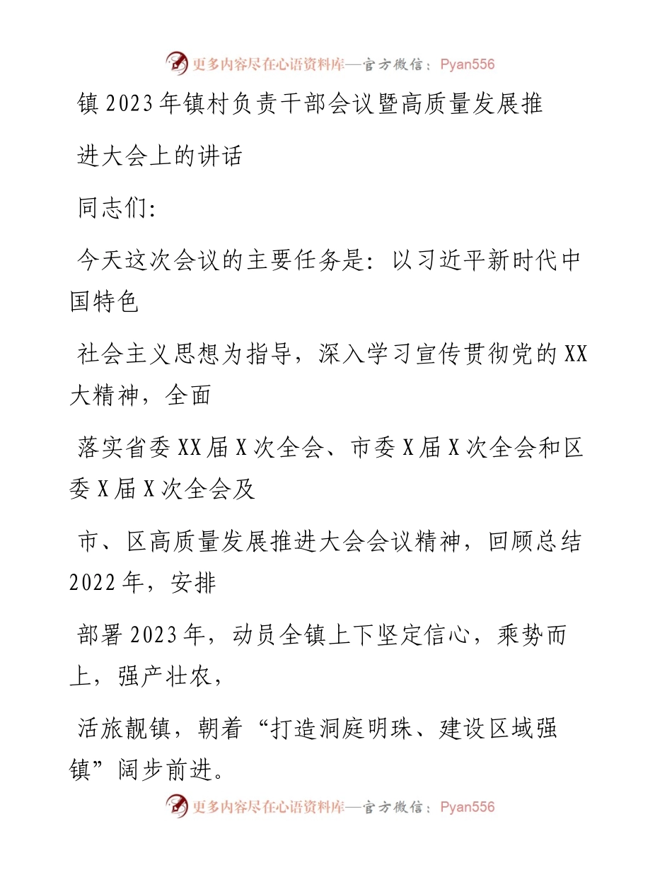 20230323：镇2023年镇村负责干部会议暨高质量发展推进大会上的讲话.docx_第1页