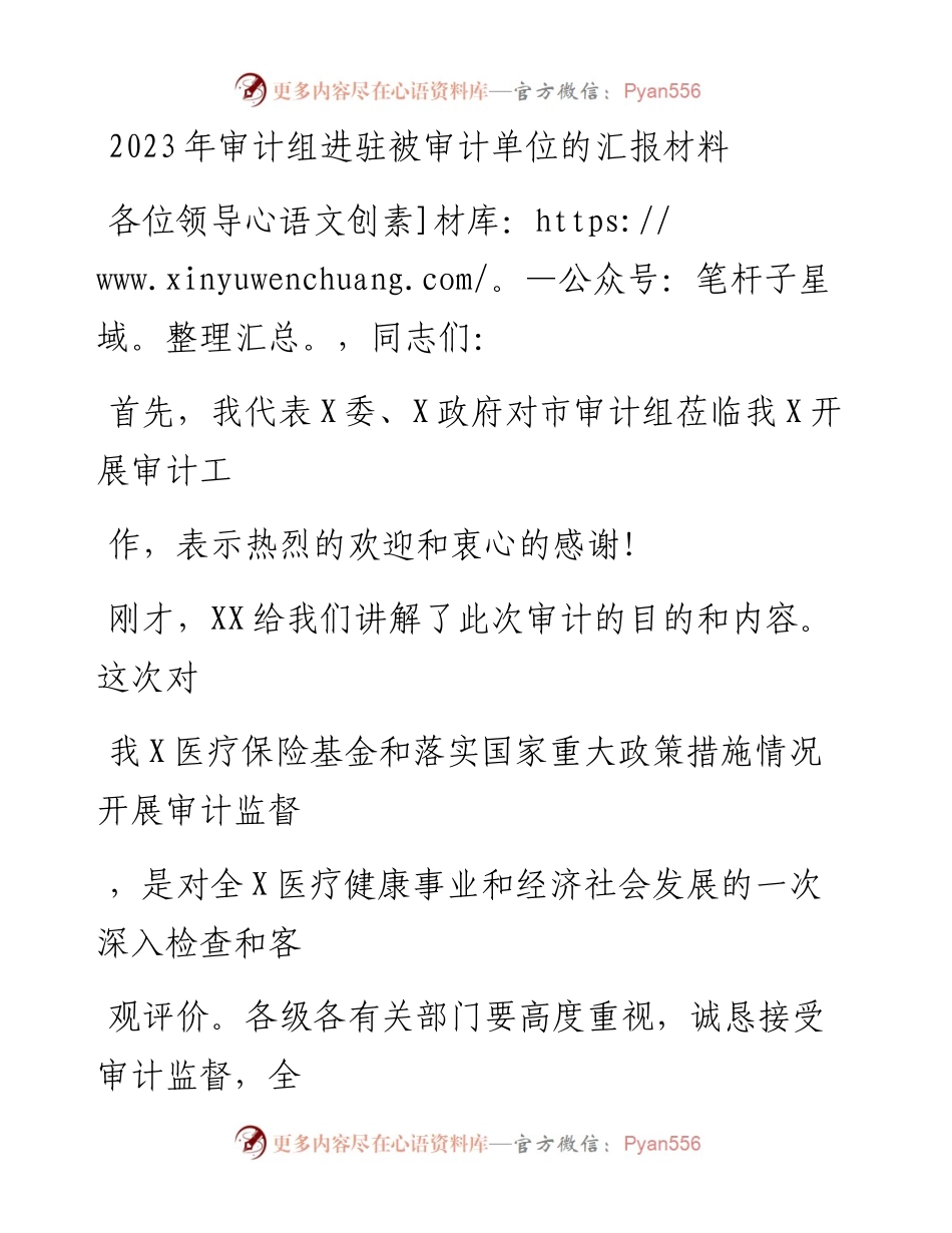 20230406：2023年审计组进驻被审计单位的汇报材料.docx_第1页