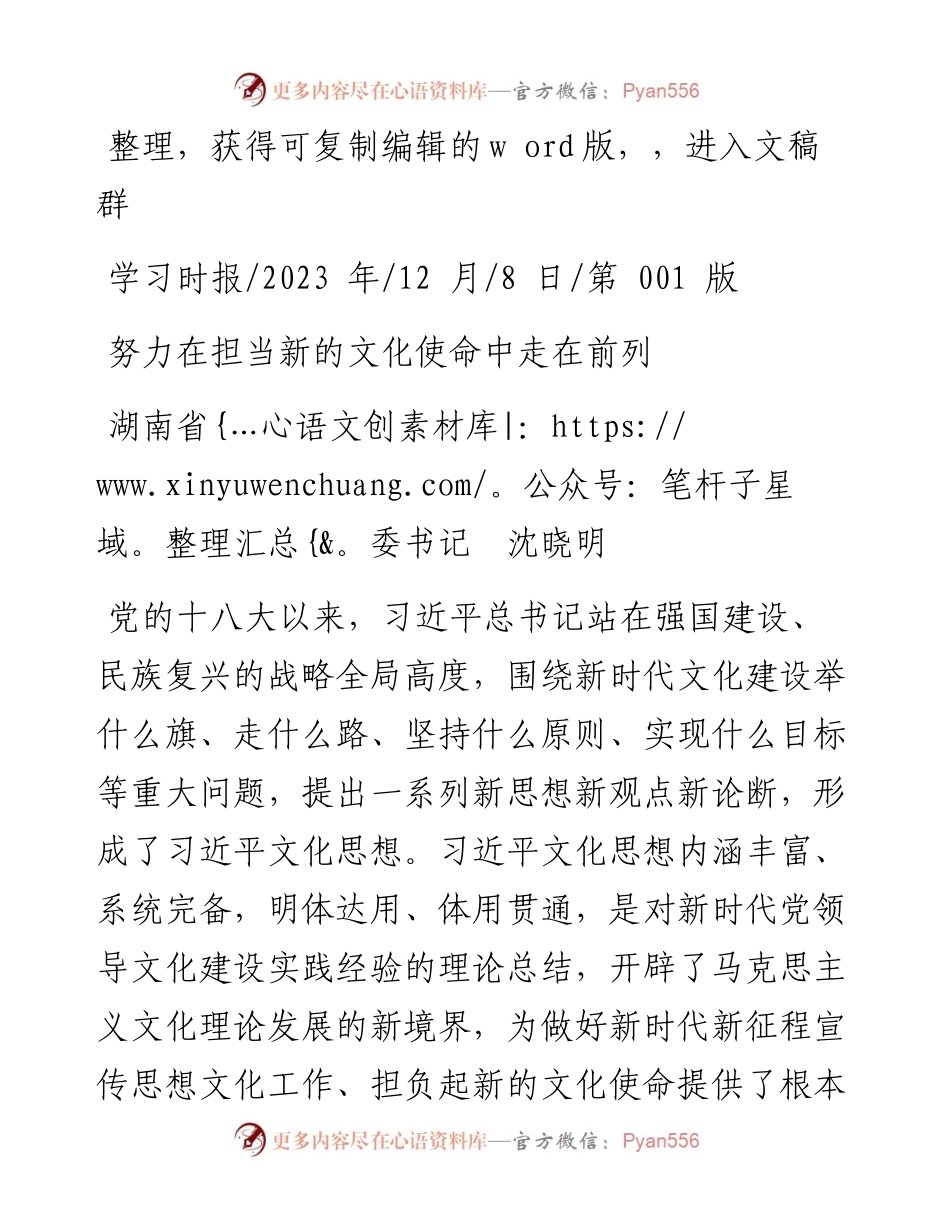 2023.12.08湖南省委书记沈晓明：努力在担当新的文化使命中走在前列.docx_第1页