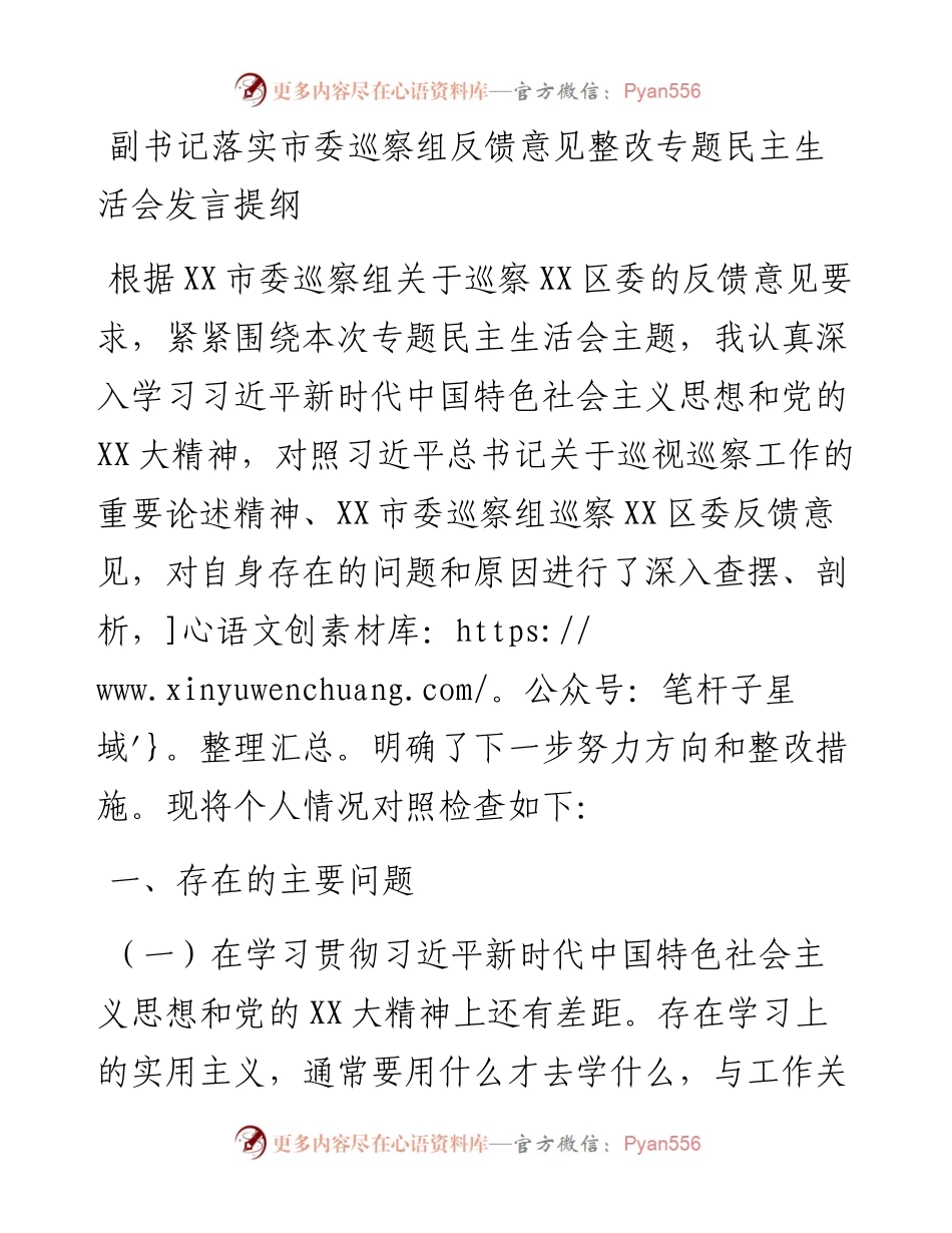 20230303：副书记落实市委巡察组反馈意见整改专题民主生活会发言提纲.docx_第1页