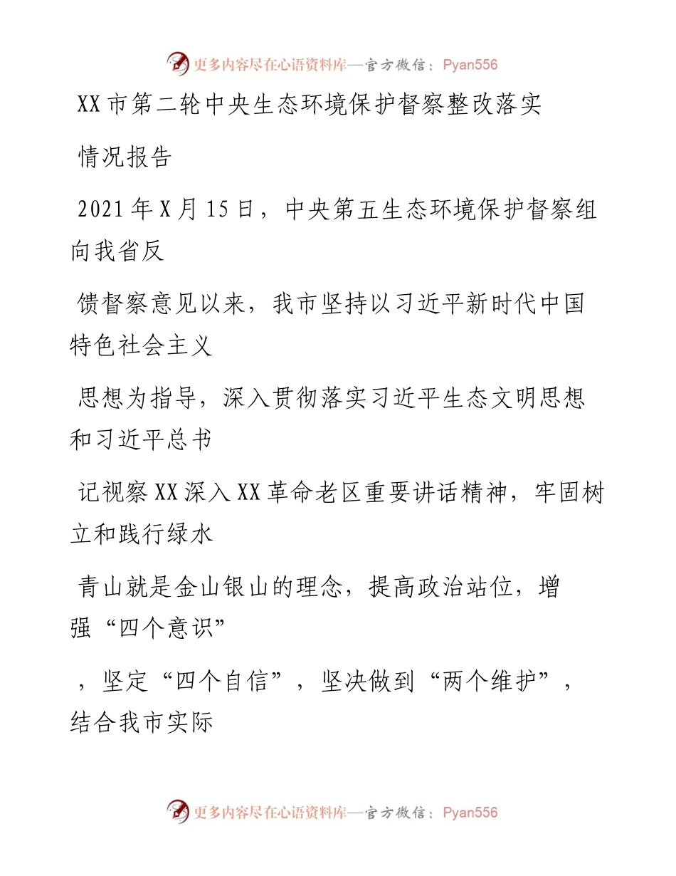 20230406：XX市第二轮中央生态环境保护督察整改落实情况报告.docx_第1页