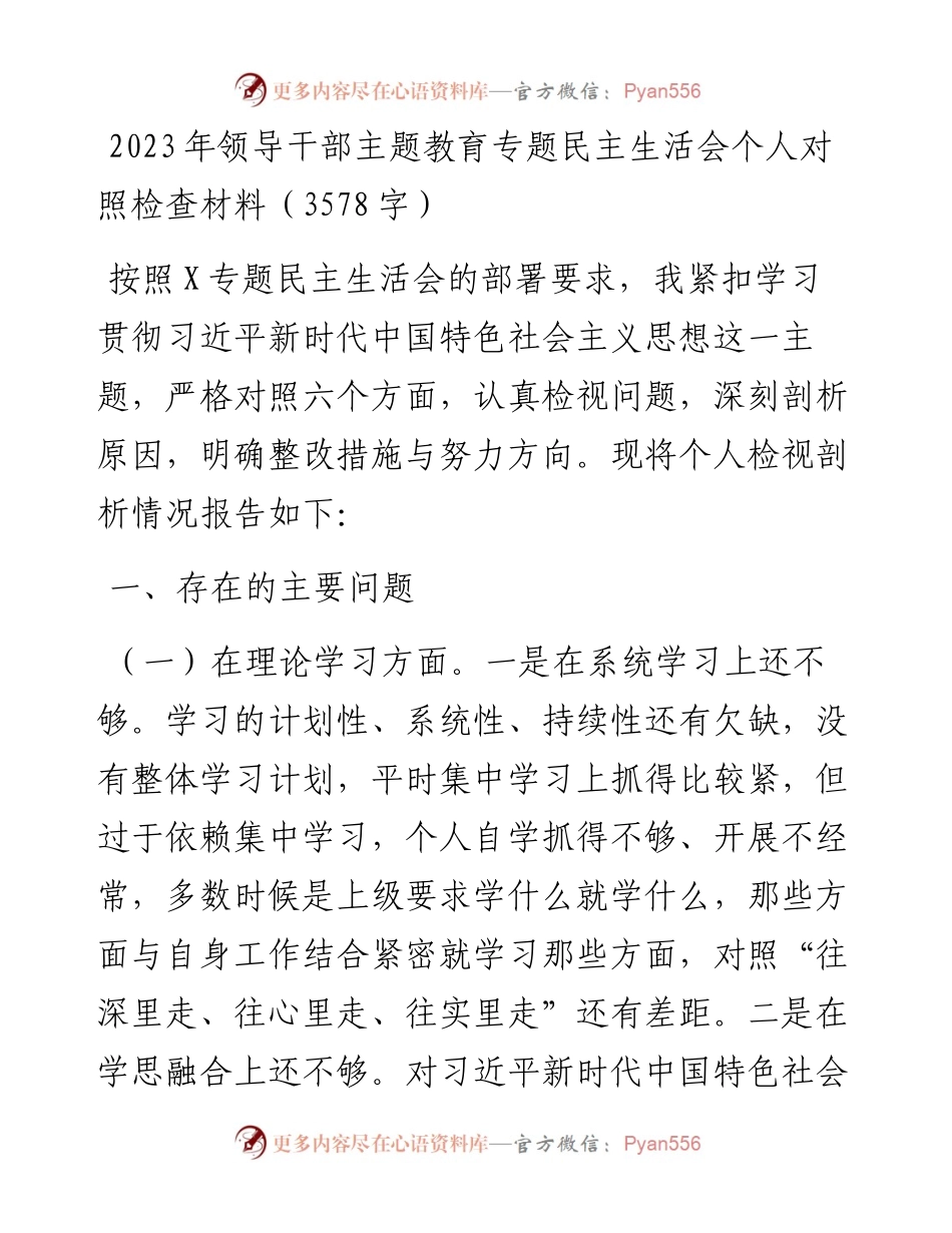 2023年领导干部主题教育专题民主生活会个人对照检查材料.docx_第1页