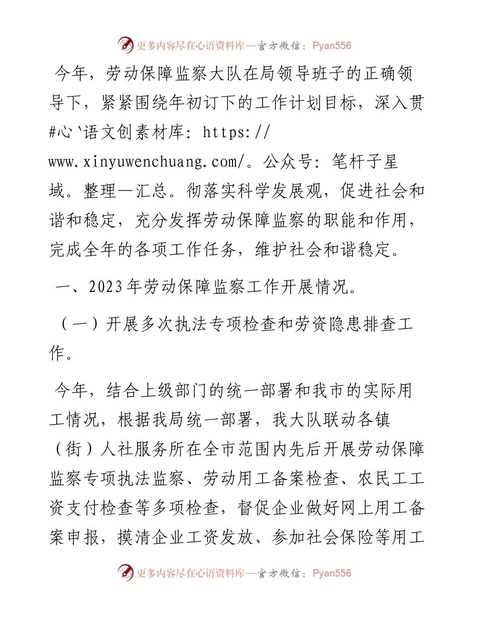 2023年劳动保障监察大队总结及2024年计划.docx_第1页