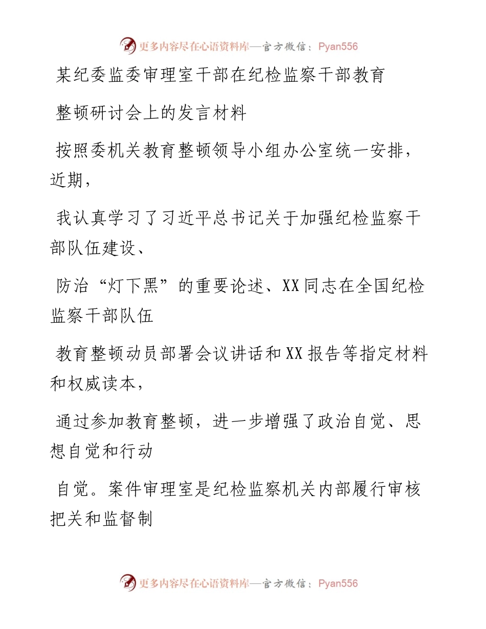 20230328：某纪委监委审理室干部在纪检监察干部教育整顿研讨会上的发言材料.docx_第1页