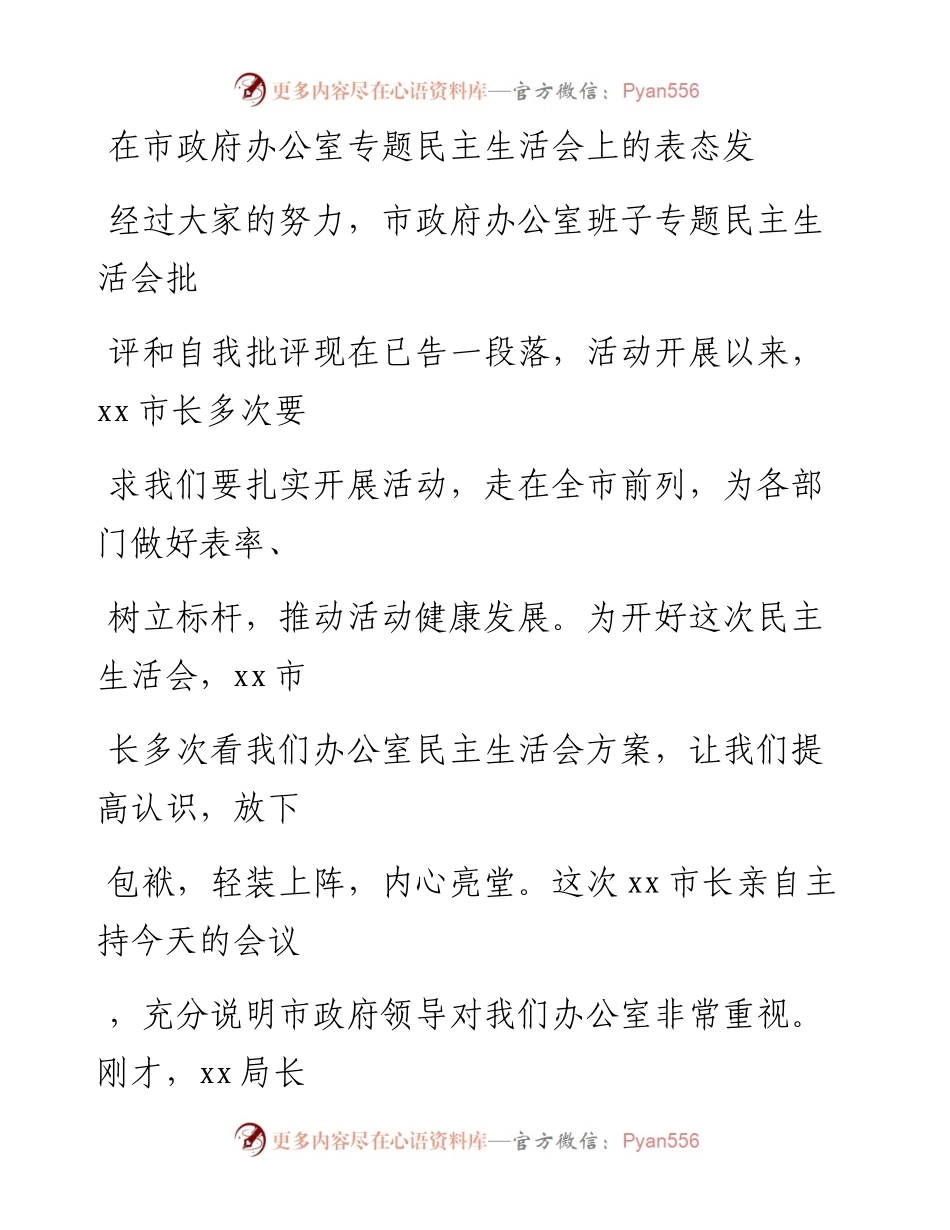 20230405：在市政府办公室专题民主生活会上的表态发言.docx_第1页
