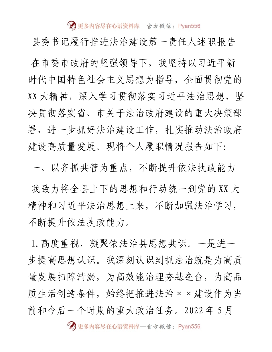 20230416：县委书记履行推进法治建设第一责任人述职报告.docx_第1页
