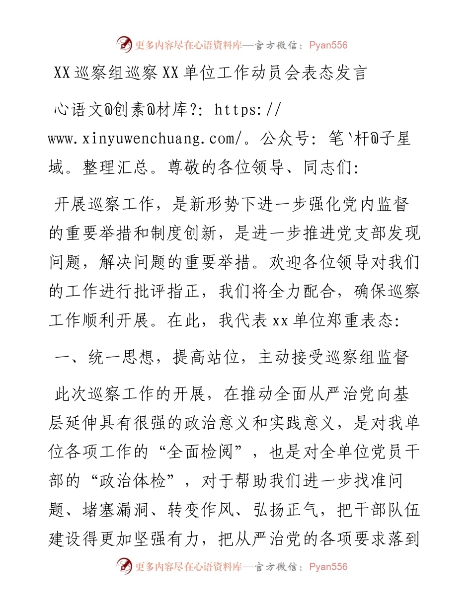 20230303：XX巡察组巡察XX单位工作动员会表态发言.docx_第1页