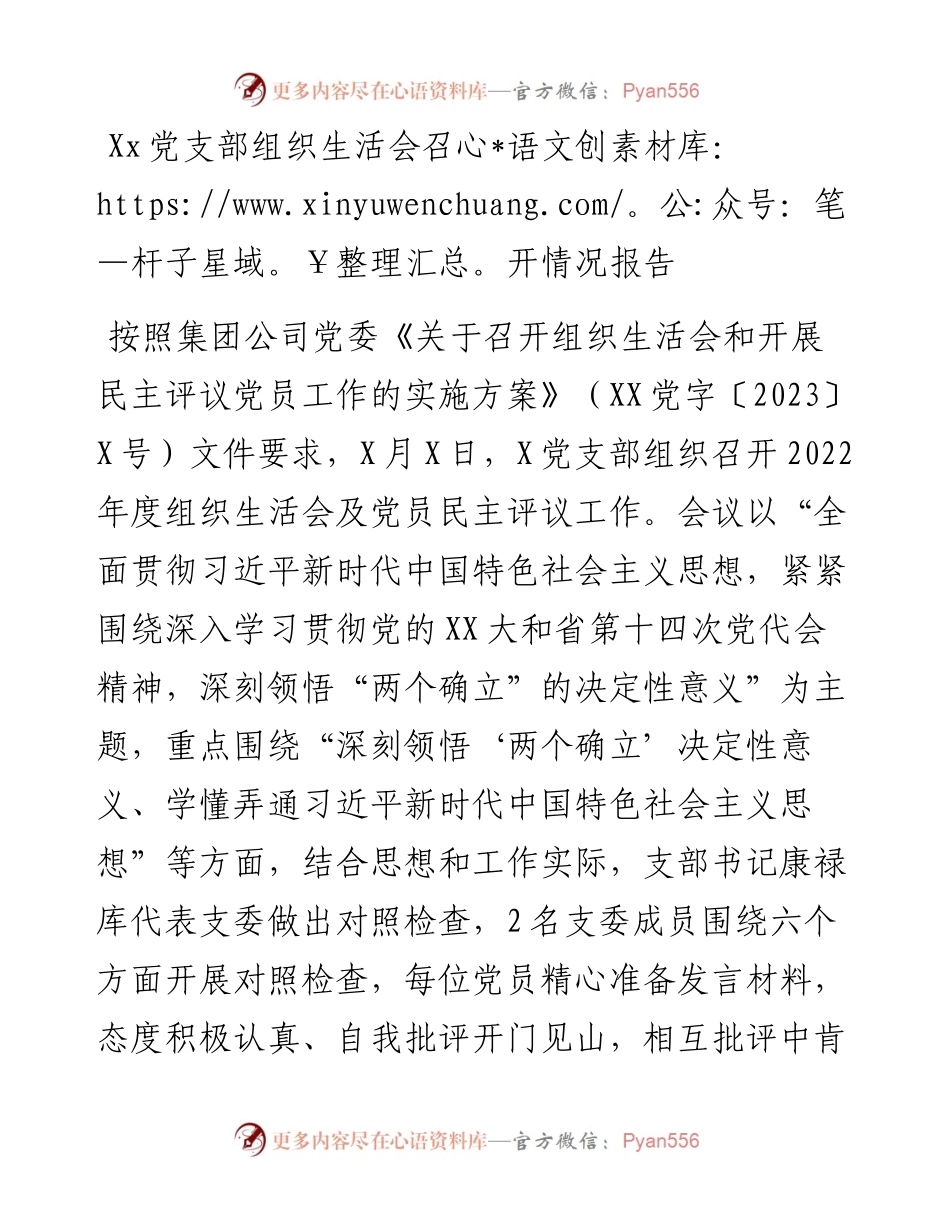 20230311：Xx党支部组织生活会召开情况报告.docx_第1页