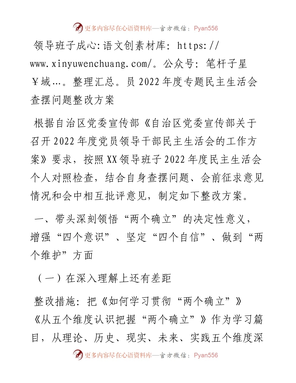 20230310：领导班子成员度专题民主生活会查摆问题整改方案.docx_第1页