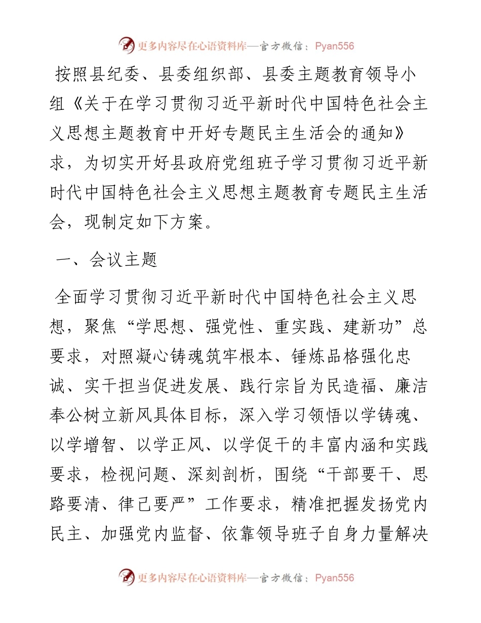 2023年度县政府党组班子主题教育专题民主生活会方案.docx_第1页