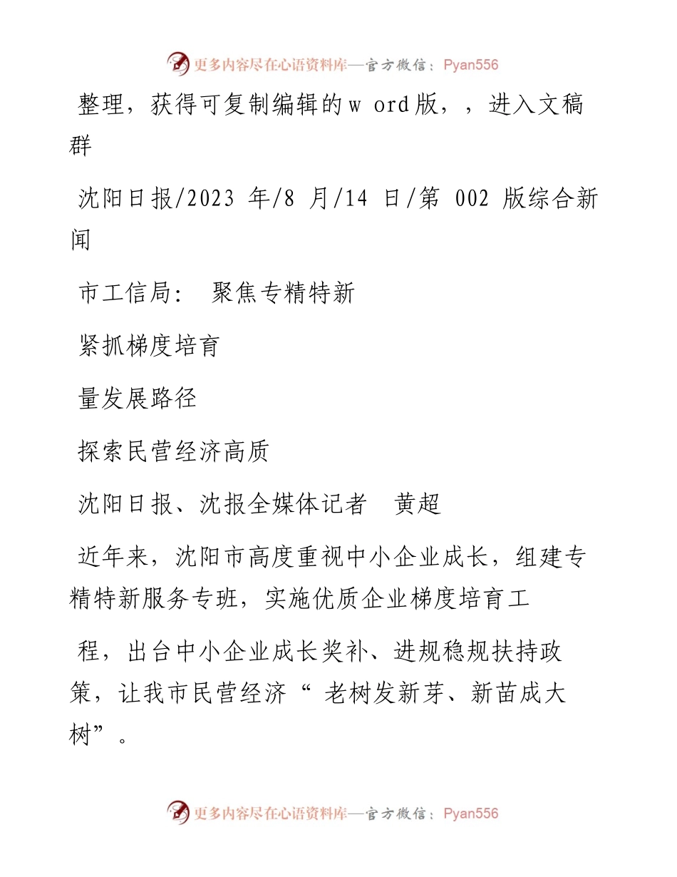2023.08.14沈阳日报、沈报全媒体记者黄超：市工信局：聚焦专精特新紧抓梯度培育探索民营经济高质量发展路径.docx_第1页