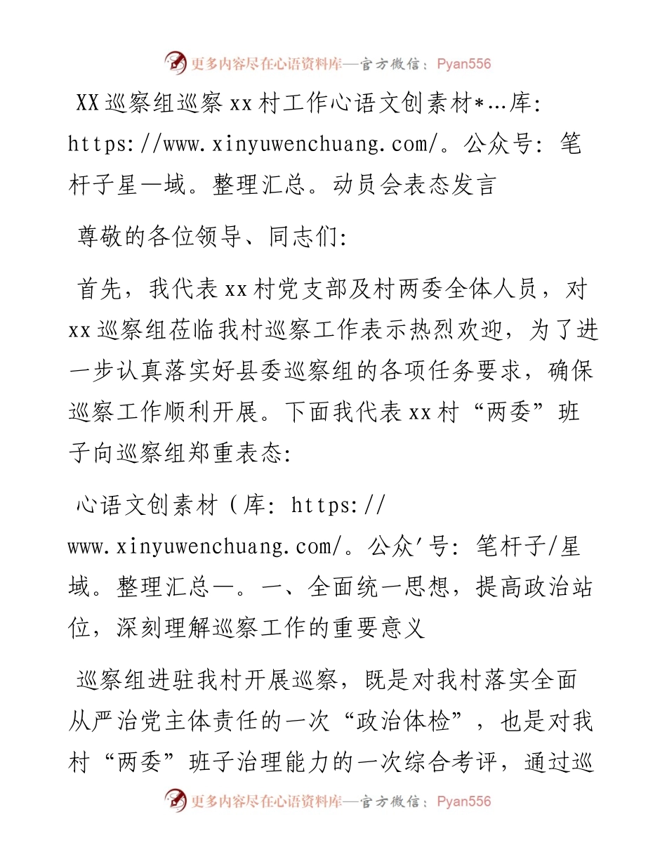 20230303：XX巡察组巡察xx村工作动员会表态发言.docx_第1页