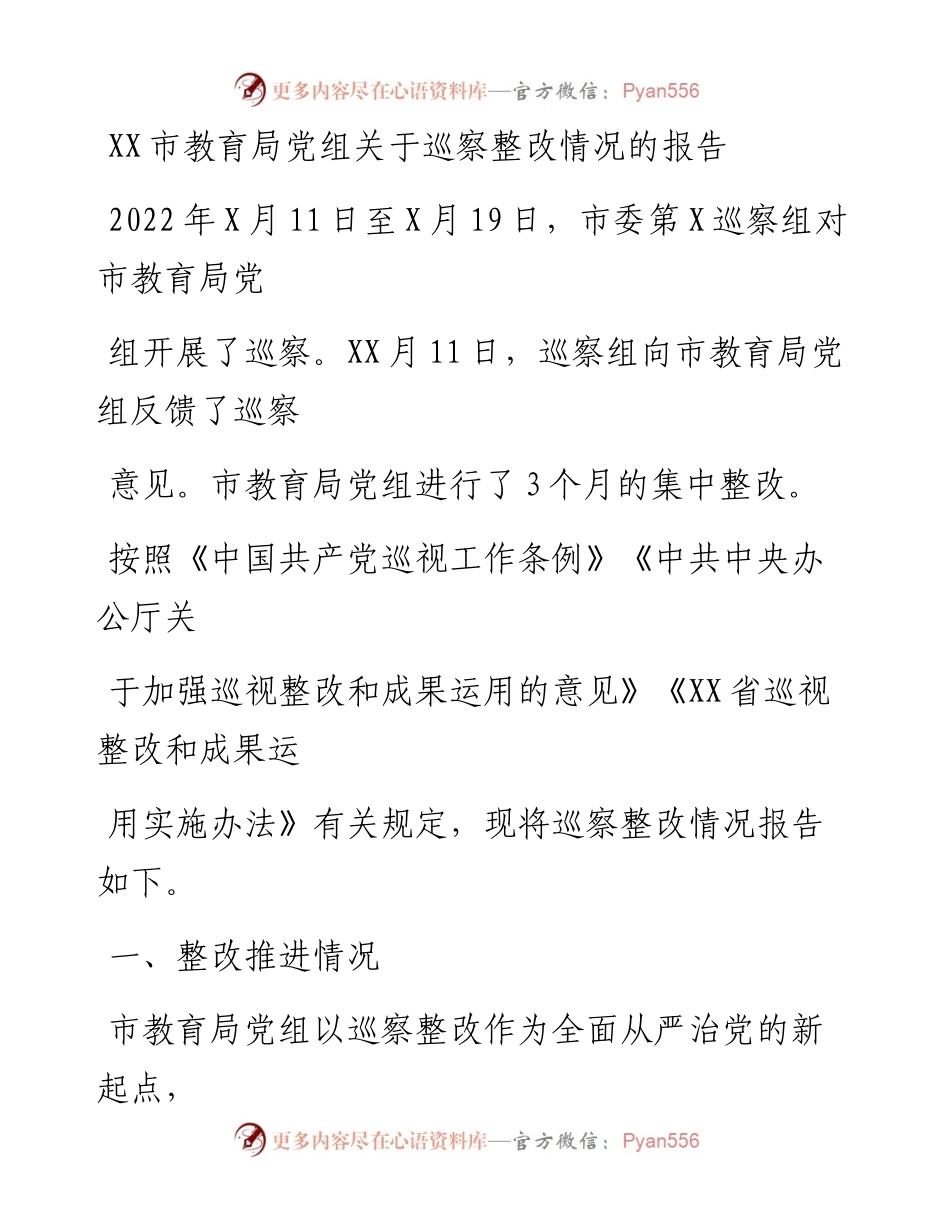 20230407：XX市教育局党组关于巡察整改情况的报告.docx_第1页