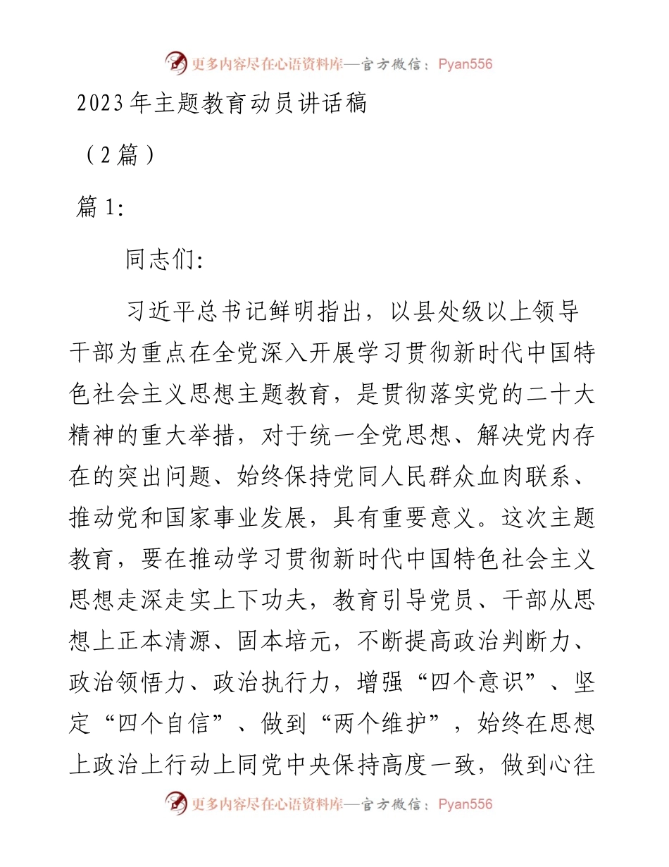 2023年主题教育动员讲话稿2篇.docx_第1页