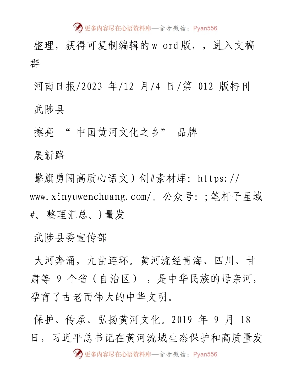 2023.12.04武陟县委宣传部：武陟县擦亮中国黄河文化之乡品牌擎旗勇闯高质量发展新路.docx_第1页