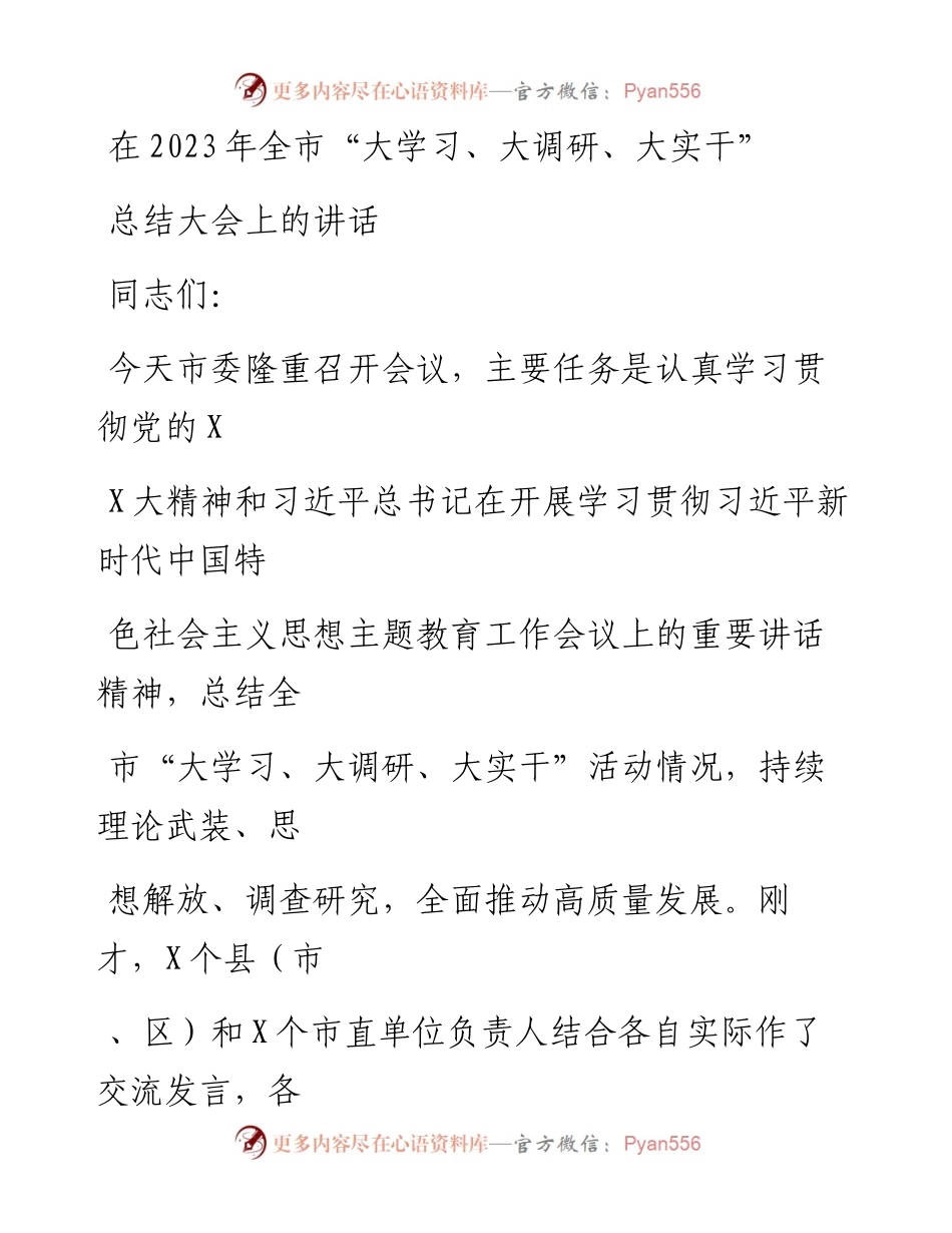 20230413：在2023年全市大学习、大调研、大实干总结大会上的讲话.docx_第1页