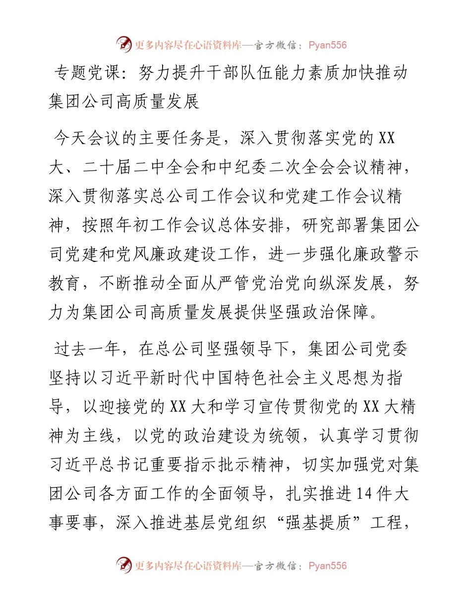 20230326：专题党课：努力提升干部队伍能力素质加快推动集团公司高质量发展.docx_第1页