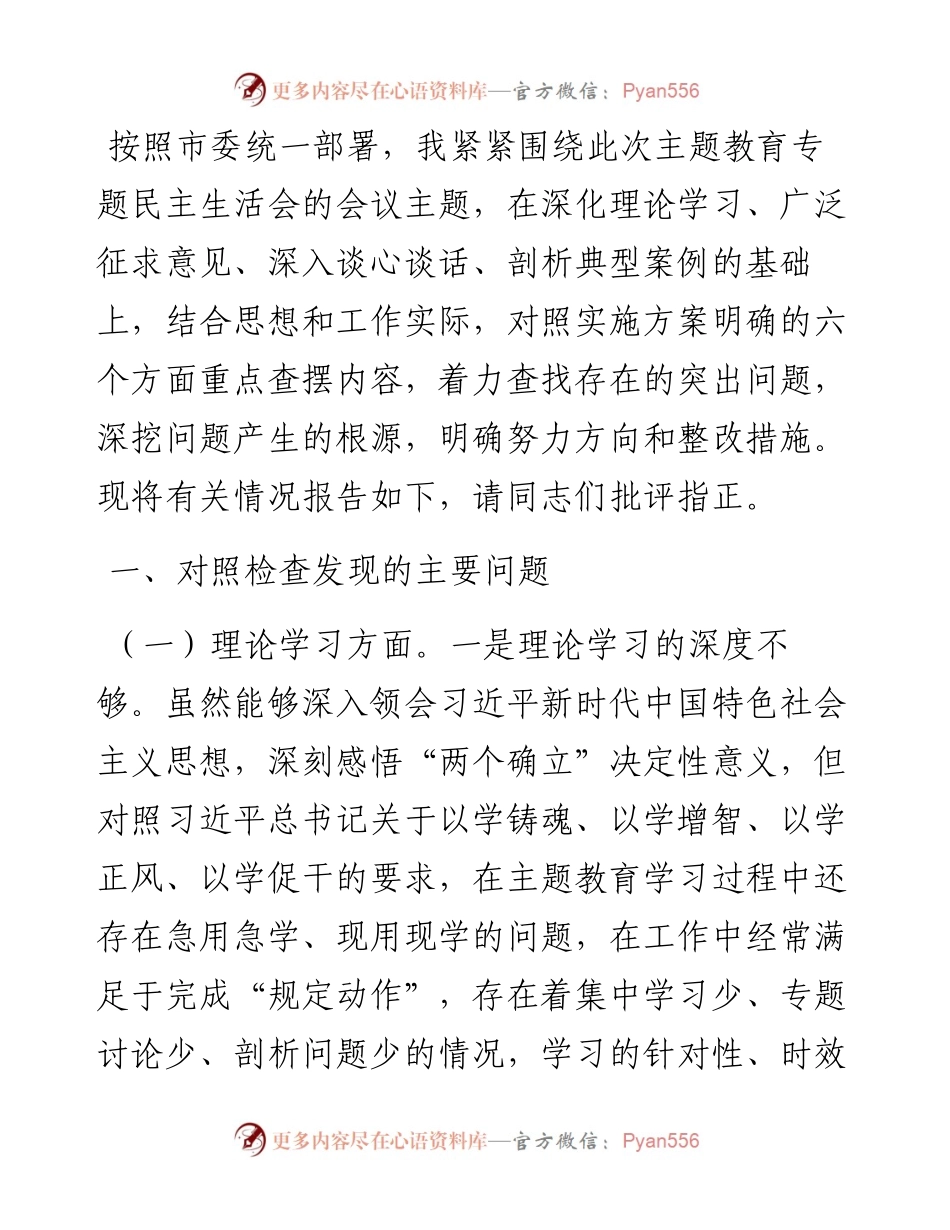 2023年主题教育专题民主生活会个人对照检查发言提纲.docx_第1页