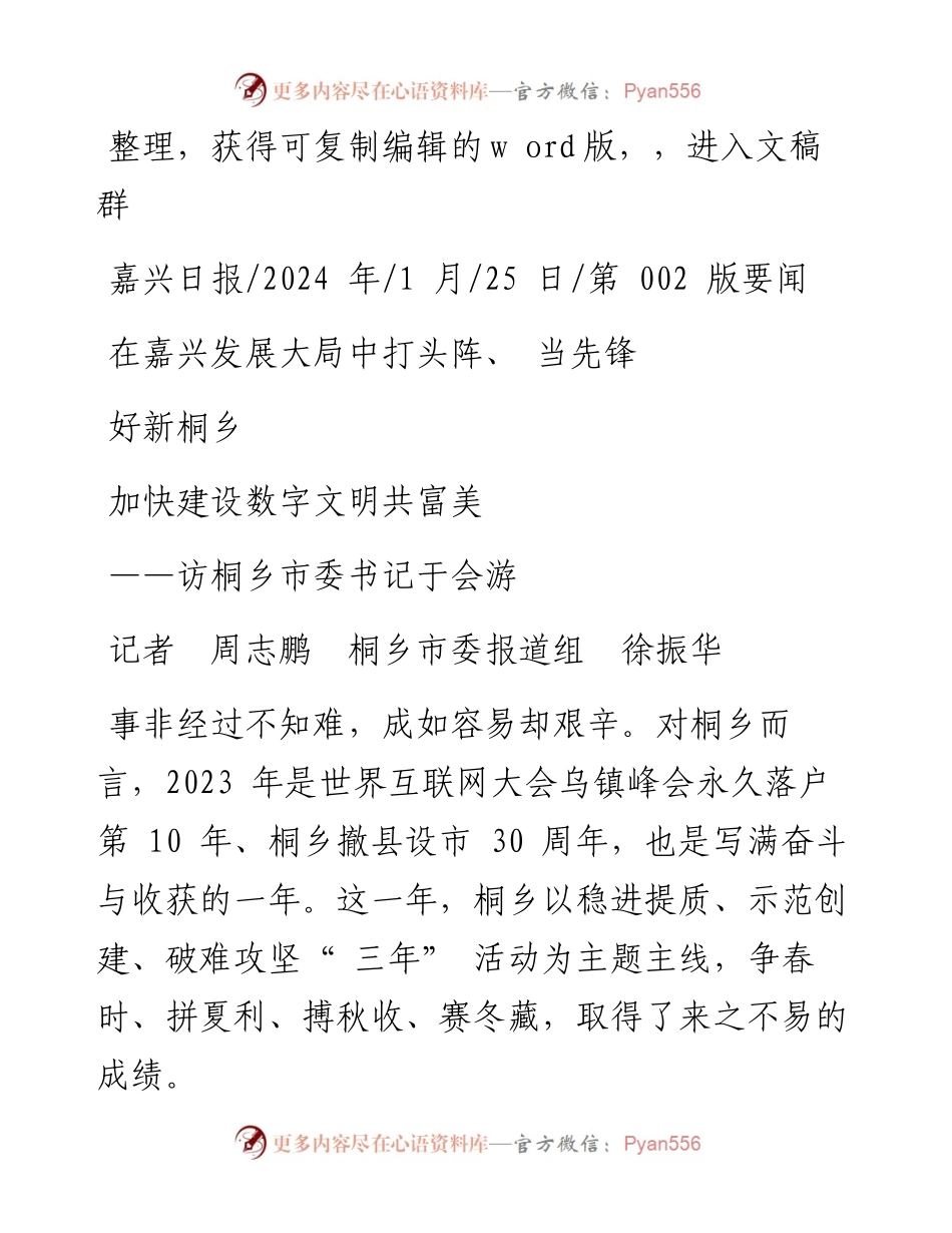 2024.01.25在嘉兴发展大局中打头阵、当先锋加快建设数字文明共富美好新桐乡.docx_第1页