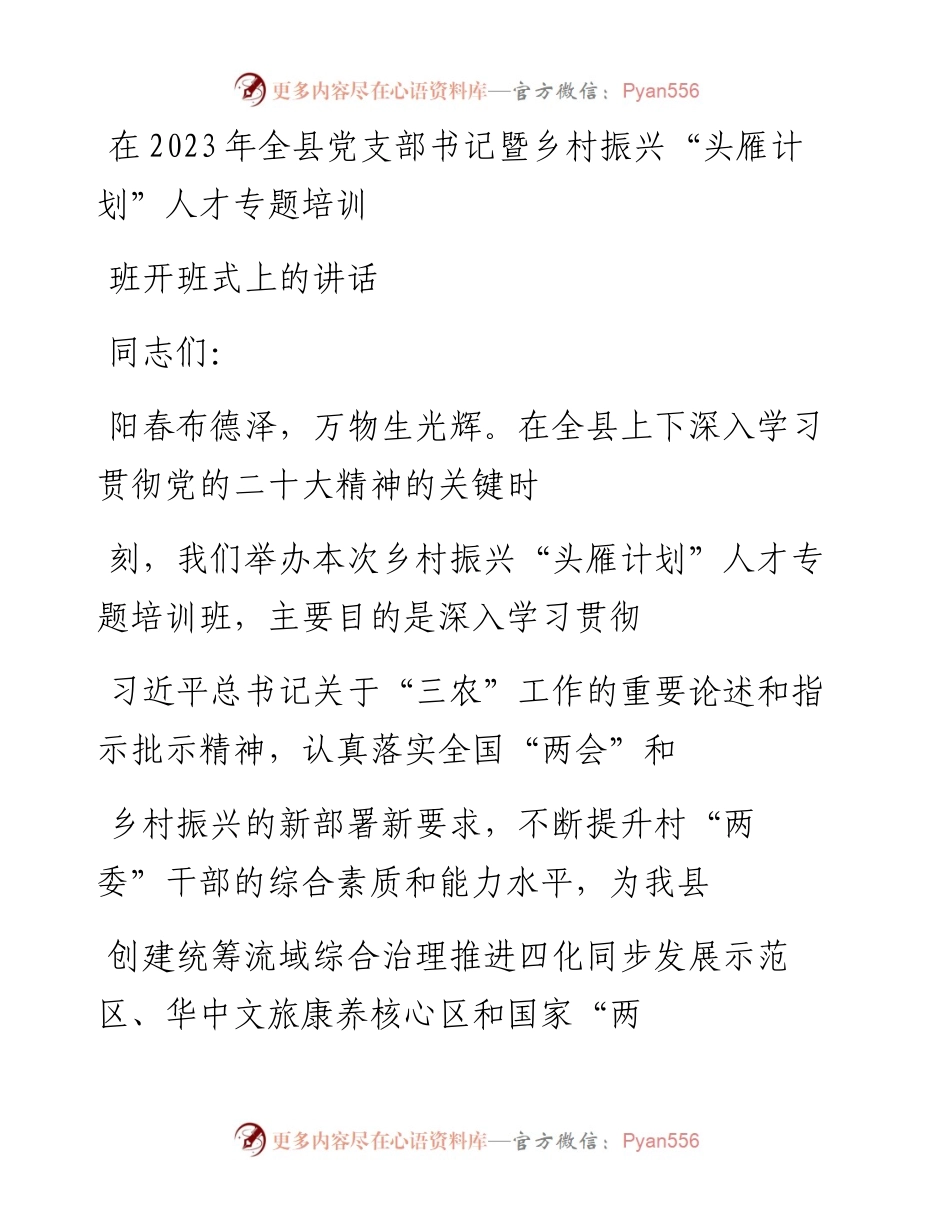 20230327：在2023年全县党支部书记暨乡村振兴“头雁计划”人才专题培训班开班式上的讲话.docx_第1页